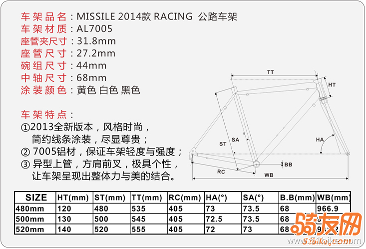 车架是520MM的 附上厂家参数表